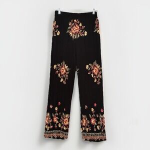 Liv Los Angeles Black Floral Rayon Wide Leg Pants Boho Resort Beach Vacation‎ M